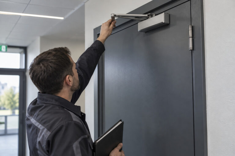 Technicien en maintenance sur une porte coupe-feu et son ferme-porte