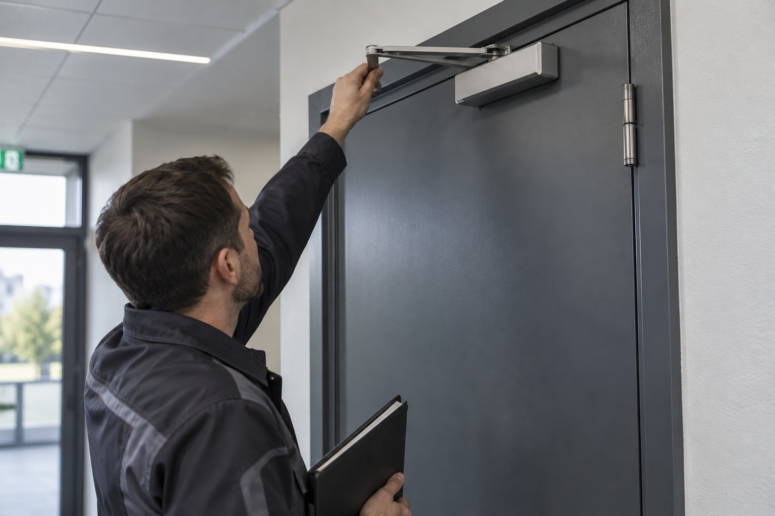 Technicien en maintenance sur une porte coupe-feu et son ferme-porte