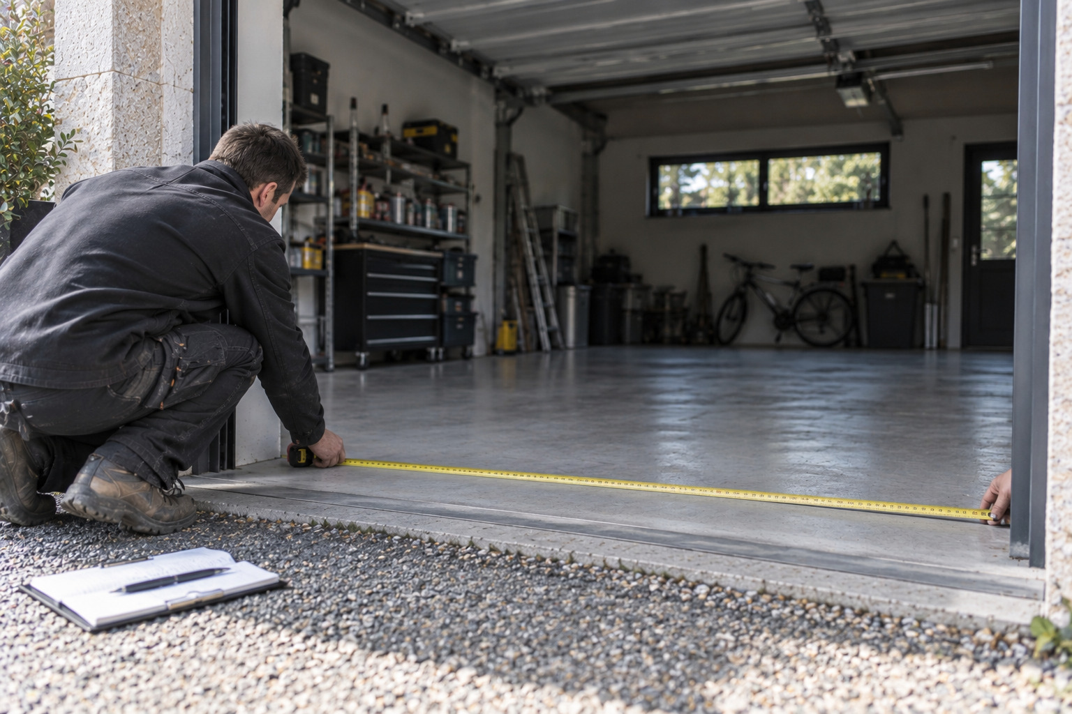 Technicien mesurant l'ouverture pour pose d'une porte de garage sectionnelle