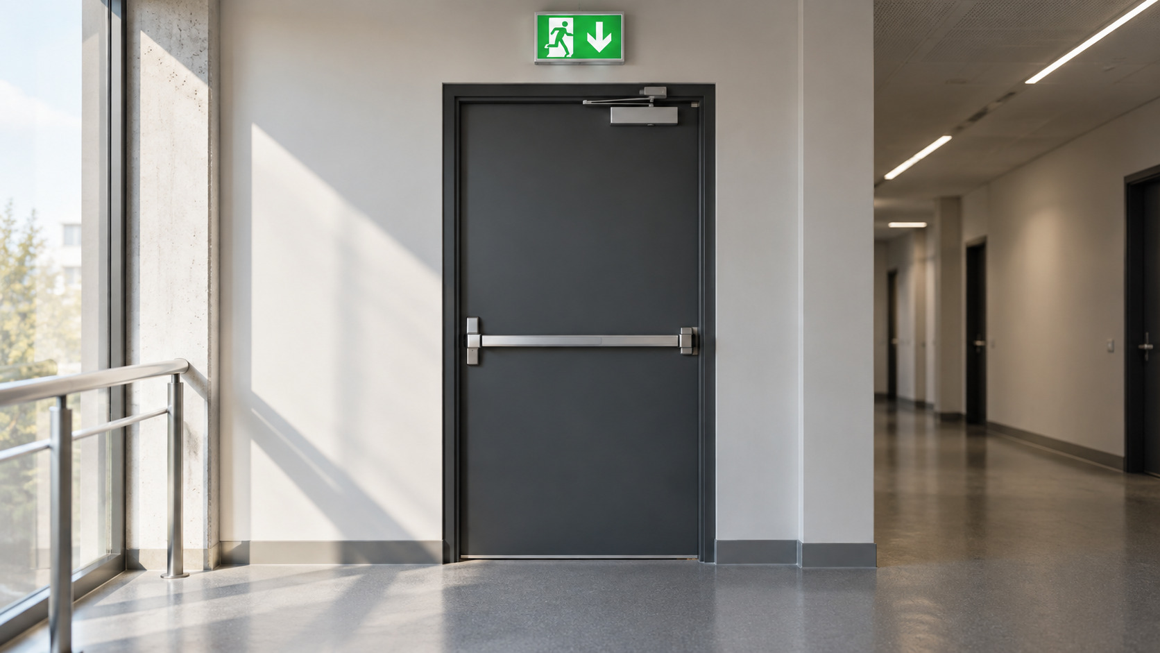 Porte coupe-feu avec barre anti-panique et issue de secours