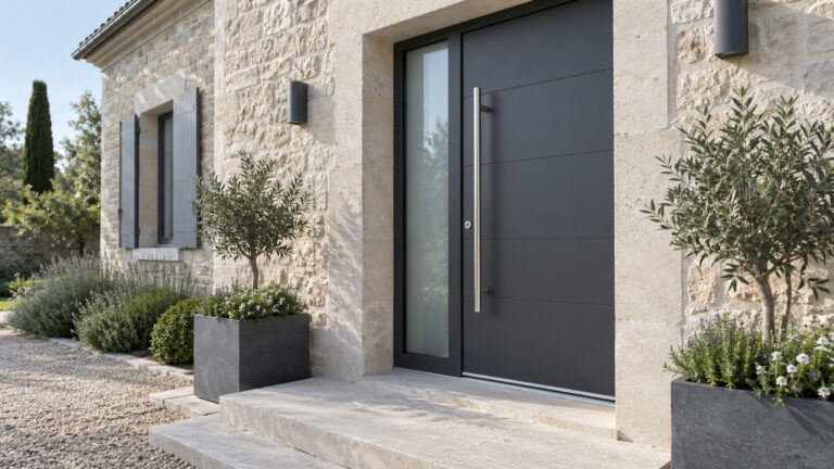Porte d'entrée anthracite moderne sur maison en pierre