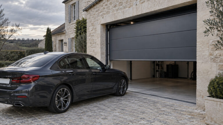 Porte de garage sectionnelle anthracite partiellement ouverte