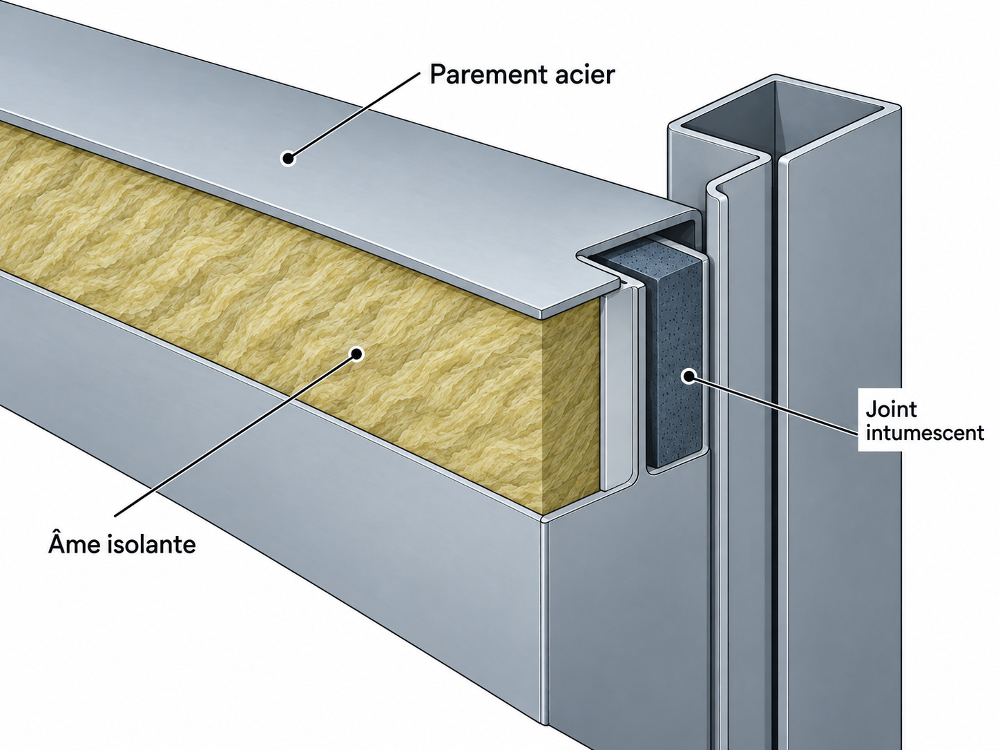 Schéma technique porte coupe-feu : parement acier, âme isolante, joint intumescent