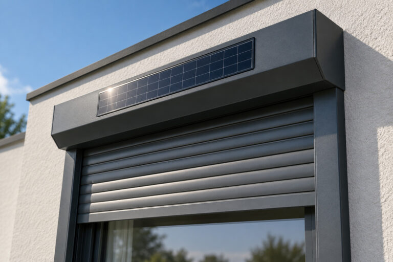 Volet roulant solaire anthracite avec panneau photovoltaïque intégré au coffre